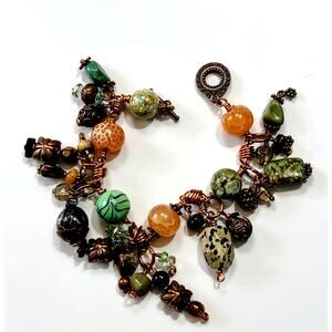 Artisan Copper Charm Bracelet Green Turquoise Czech Glass Agate Jasper